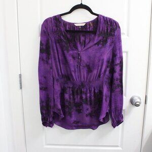 Rebecca Taylor 100% Silk Tie-Dye Blousen Tunic Smock Waist V-Neck Purple/Black 8